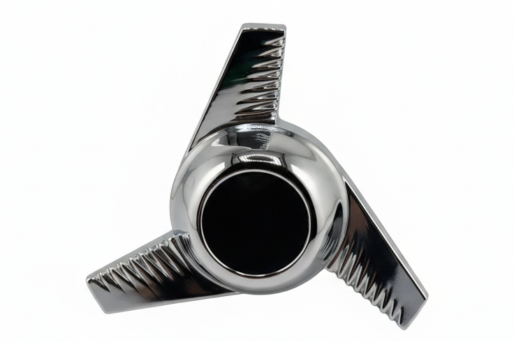3 EAR ANGLED RIBBED CHROME SPINNER Internal Diameter: 2.91" External Diameter: 5.51" Protruding Depth: 1.18"